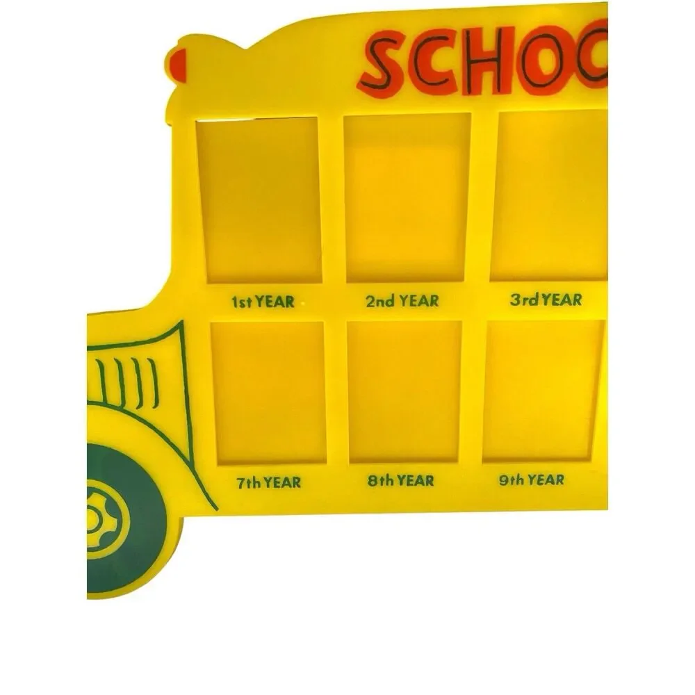 Vintage 80's Yellow Plastic School Bus K-12 Picture Frame JSNY Made In Hong Kong